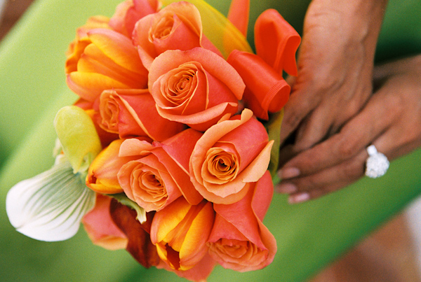 orange rose wedding bouquet photo by Yvette Roman Photography